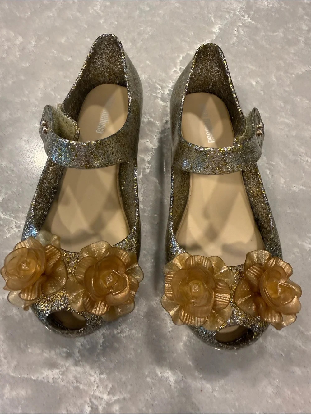 Mini Melissa Girls Gold Glitter Mary Jane Shoes with Champagne Flower Like New